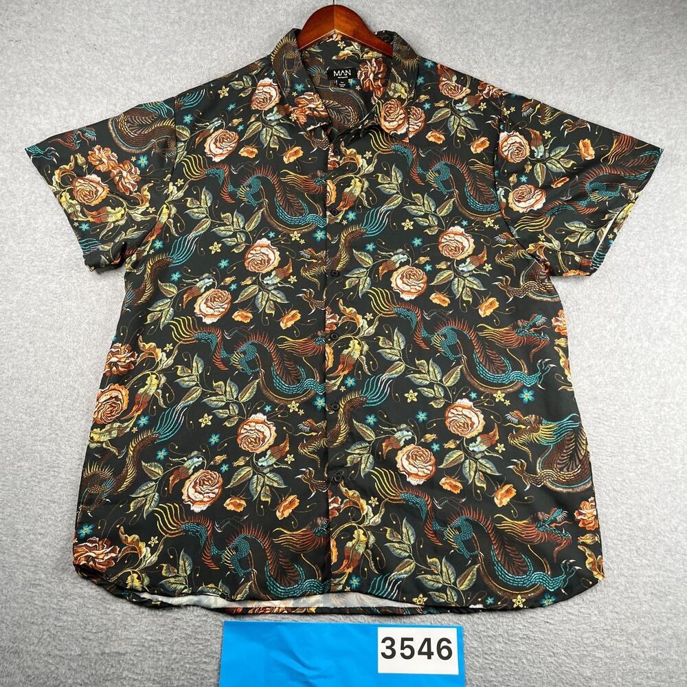 Man Shirt Dragon Floral Print Casual Button Up Short Sleeve Mens 5XL